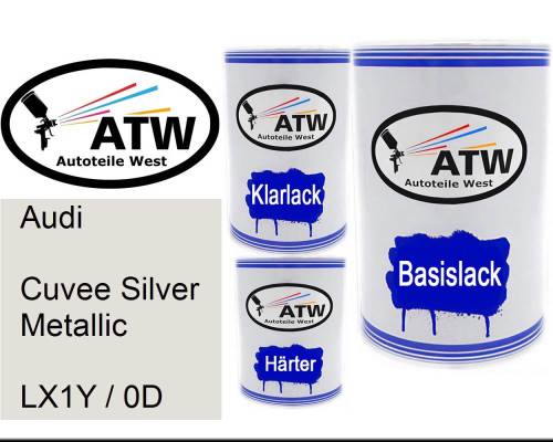 Audi, Cuvee Silver Metallic, LX1Y / 0D: 500ml Lackdose + 500ml Klarlack + 250ml Härter - Set, von ATW Autoteile West.